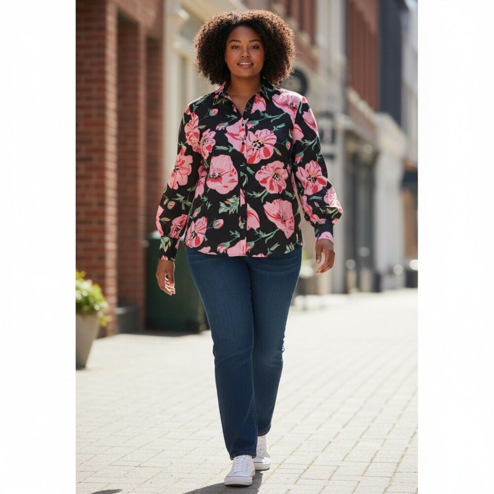 Women's Pink Floral Button Down Blouse Black Background Long Sleeve XL